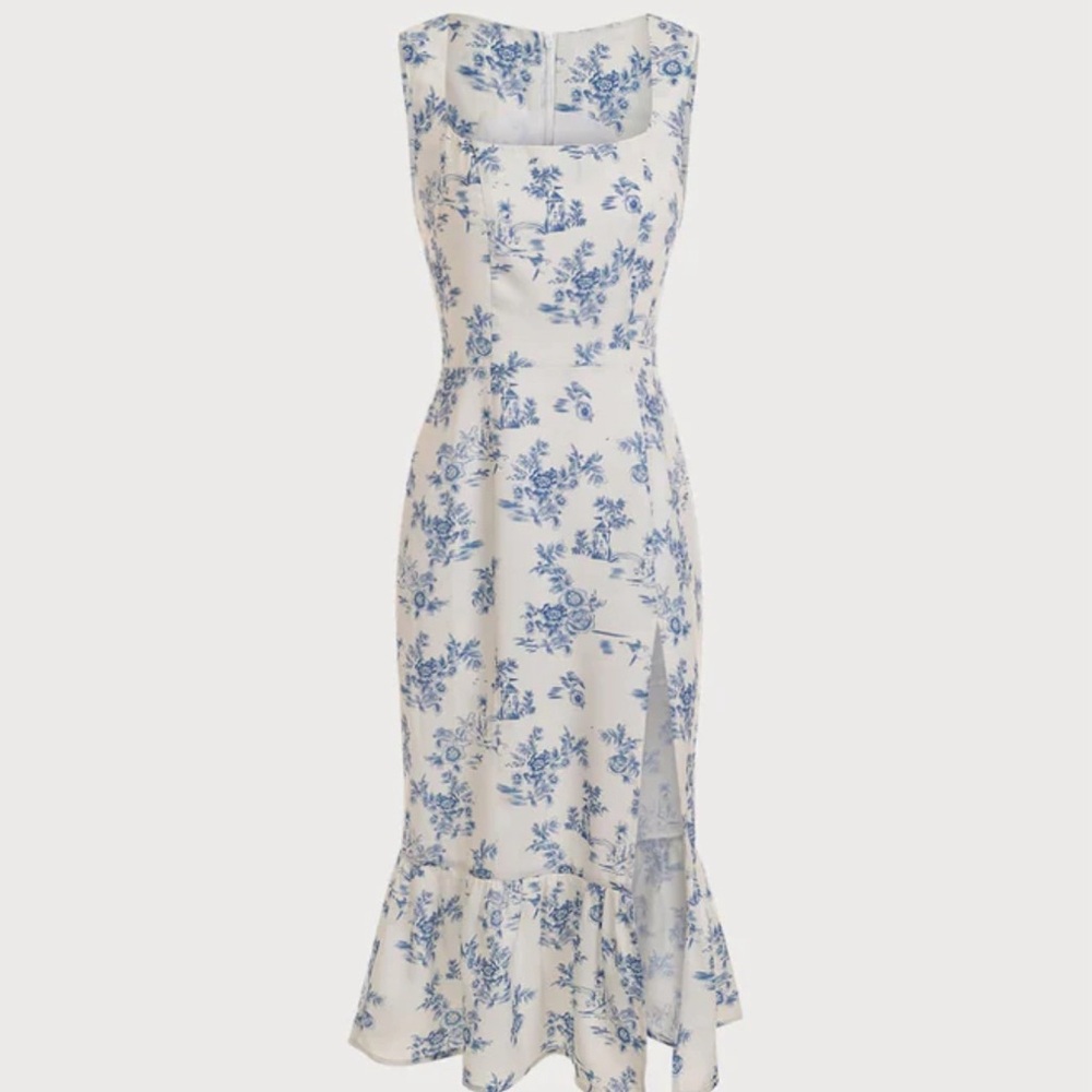 The Square Neck Ruffle Trim Floral Cottagecore Midi Dress
